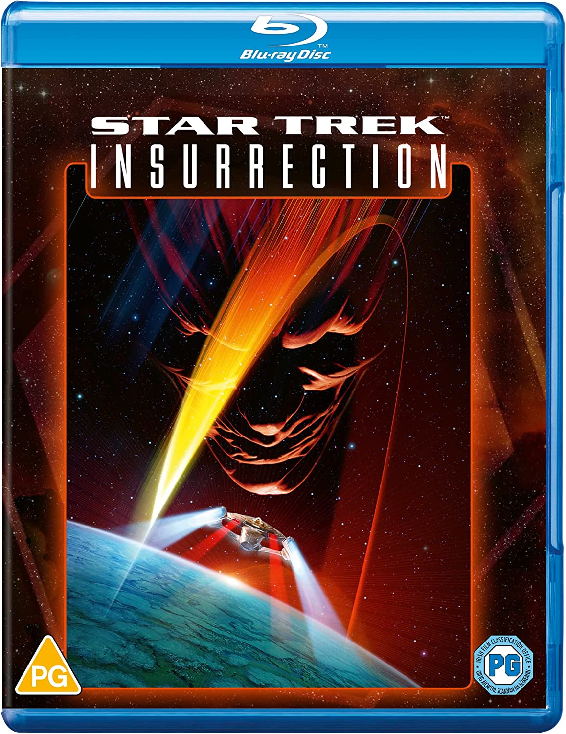 Blu-ray cover for "Star Trek: Insurrection" featuring a spaceship and orange energy.
