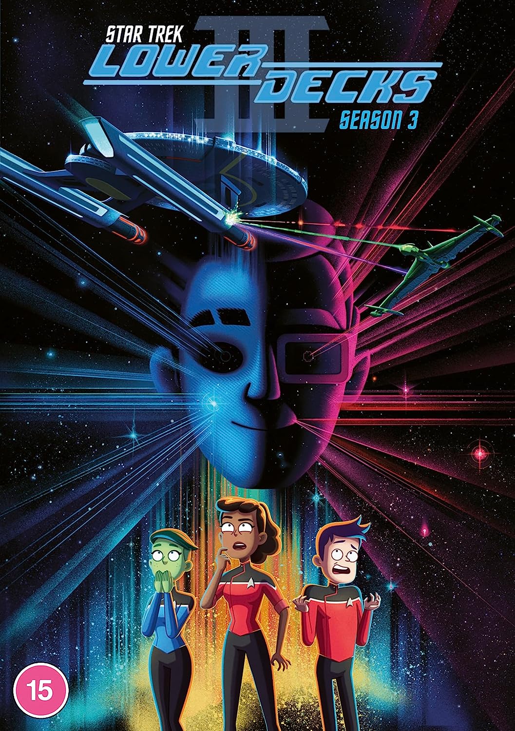 “Star Trek: Lower Decks” Season Three DVD cover with characters and spaceships.