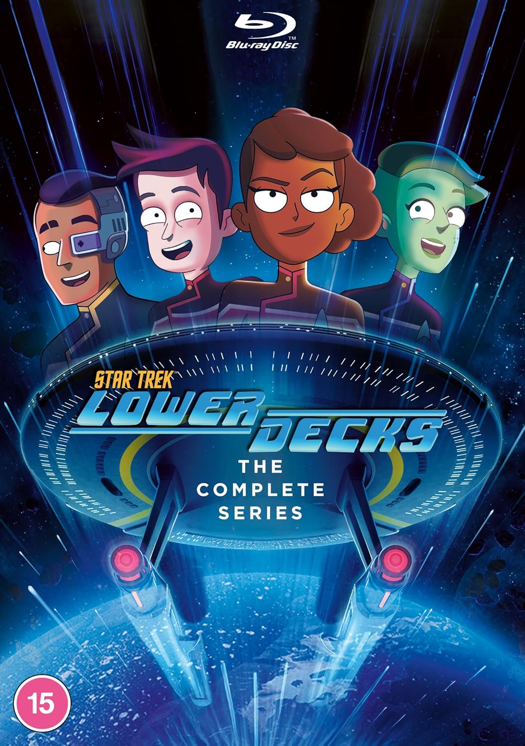Blu-ray cover for “Star Trek: Lower Decks” featuring four animated characters.