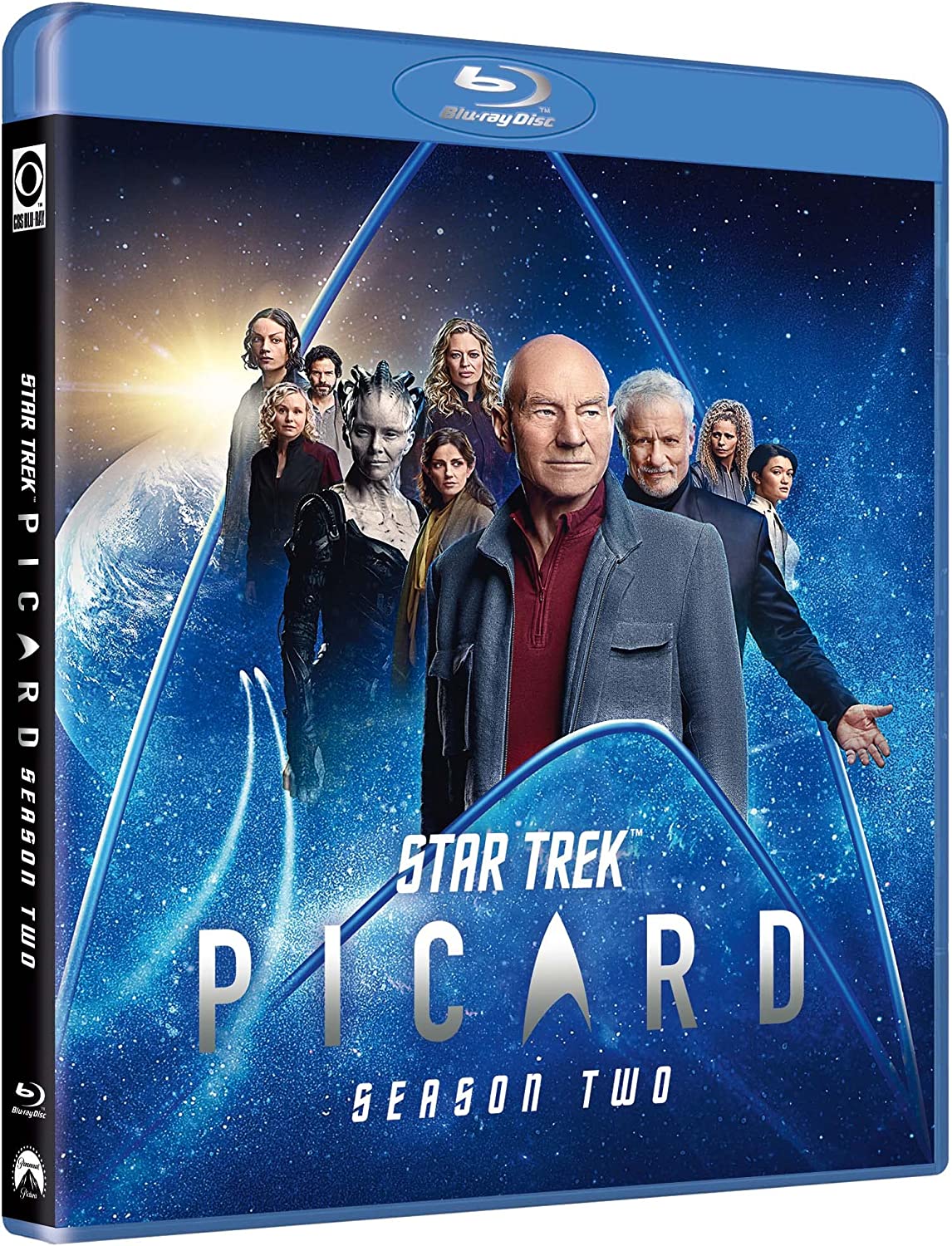 "Blu-ray case back cover for Star Trek: Picard Season 2, featuring characters and barcode."