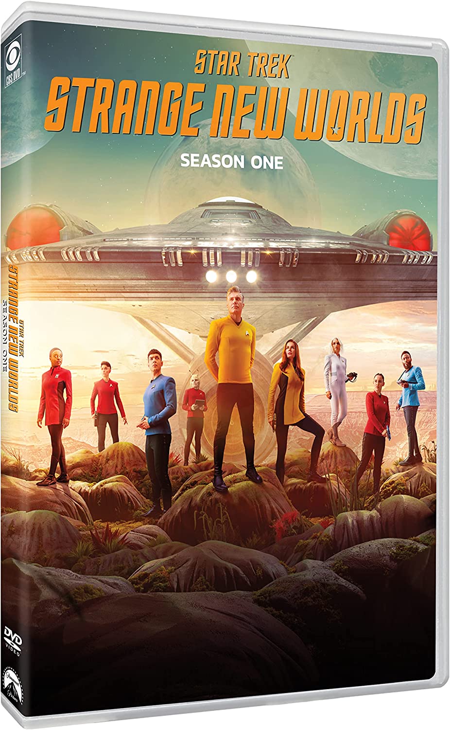 "Star Trek: Strange New Worlds Season 1 DVD case with characters on rocky terrain."