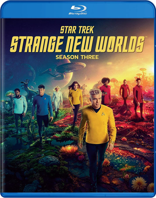 Blu-ray cover for "Star Trek: Strange New Worlds" Season Three with cast.