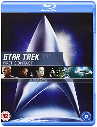Blu-ray cover for "Star Trek VIII: First Contact" featuring cast and spaceship.