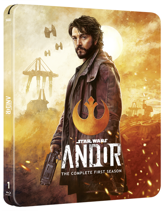 Blu-ray cover for Star Wars Andor, featuring Cassian Andor and rebel symbol.