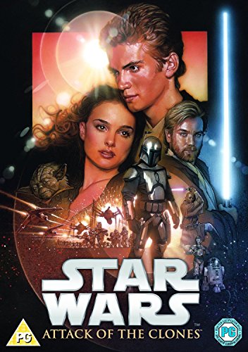 Star Wars: Attack of the Clones" DVD cover featuring Anakin, Padmé, and Obi-Wan.