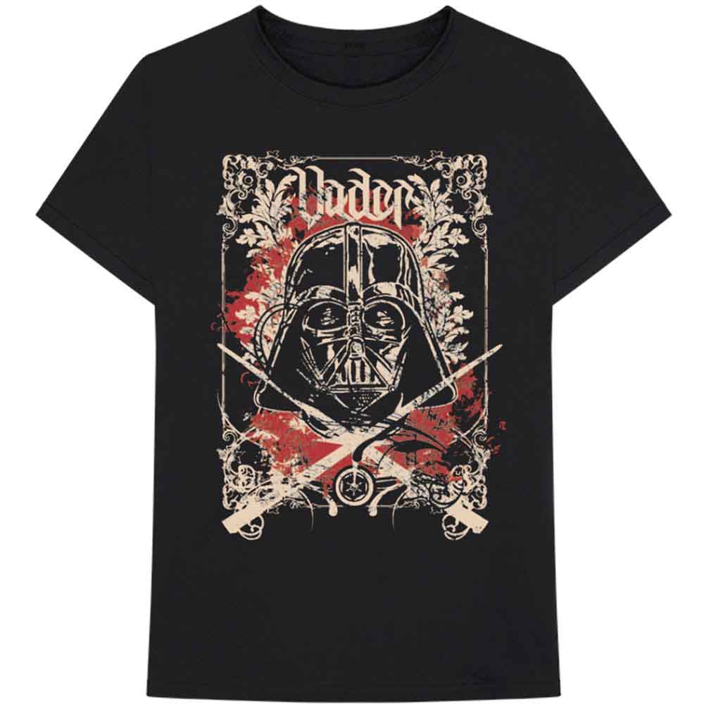 Black t-shirt with Darth Vader’s helmet and crossed lightsabers graphic.