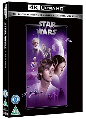 Star Wars: A New Hope" Blu-ray case featuring Luke, Leia, and Obi-Wan.