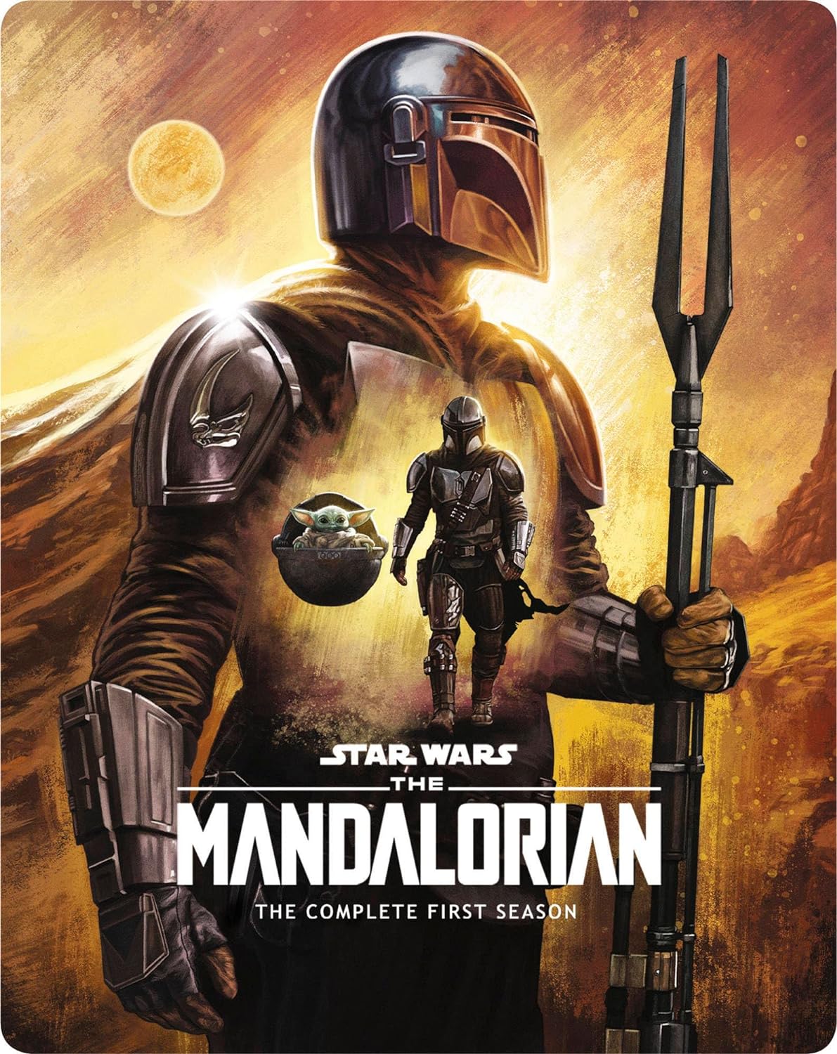 The Mandalorian SteelBook cover art features the Mandalorian, Grogu, and a desert landscape.