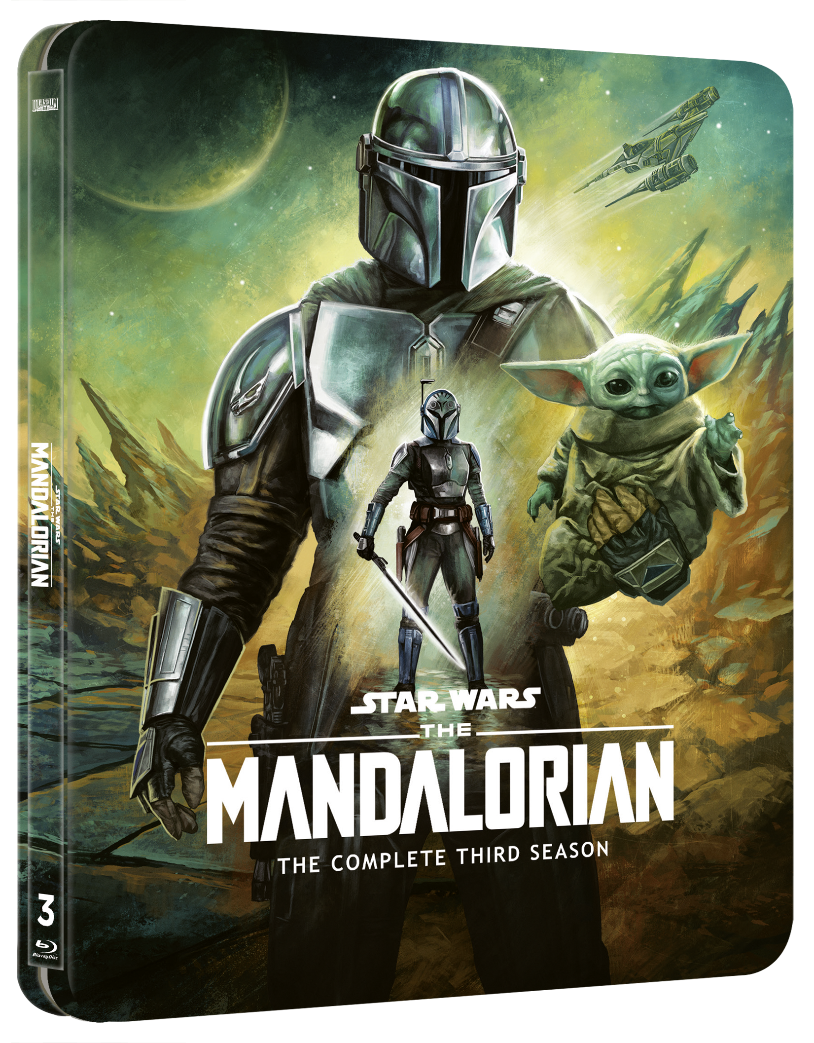 Star Wars The Mandalorian Season 3 SteelBook cover featuring the Mandalorian and Grogu.