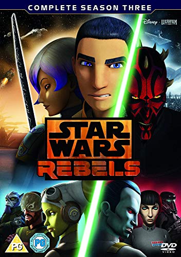 Star Wars Rebels Season 3 DVD cover featuring animated characters and a green lightsaber.