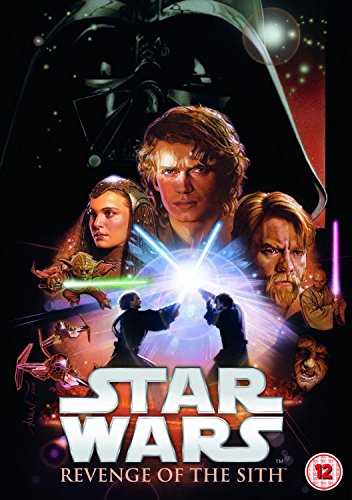 Movie poster with Star Wars characters and lightsabers on a black background.