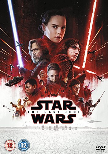 "Star Wars: The Last Jedi DVD cover featuring main characters and title in bold font."