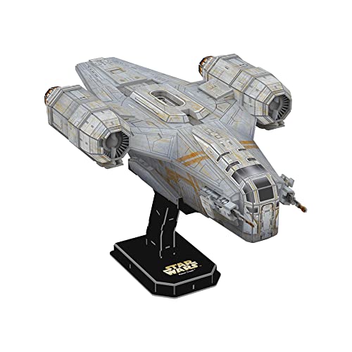 3D puzzle of The Mandalorian’s Razor Crest spaceship on a stand.
