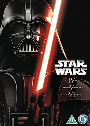 Darth Vader holding a glowing red lightsaber on a Star Wars trilogy DVD cover.