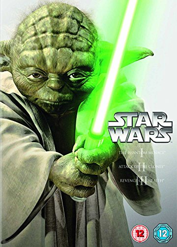 Yoda holding a glowing green lightsaber on the Star Wars Prequel Trilogy DVD cover.