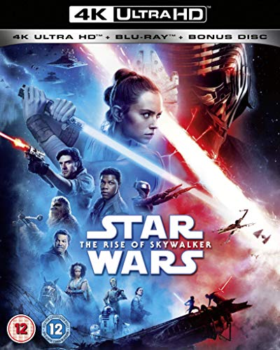 Star Wars: The Rise of Skywalker" Blu-ray cover with characters and lightsabers.