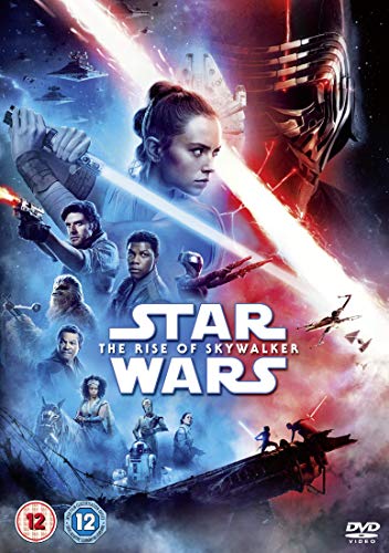 "Star Wars: The Rise of Skywalker DVD cover featuring characters and lightsabers."