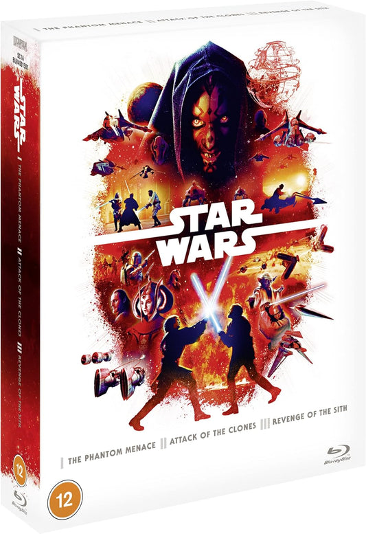 Blu-ray cover for Star Wars Episodes 1-3 featuring Darth Maul and lightsabers.