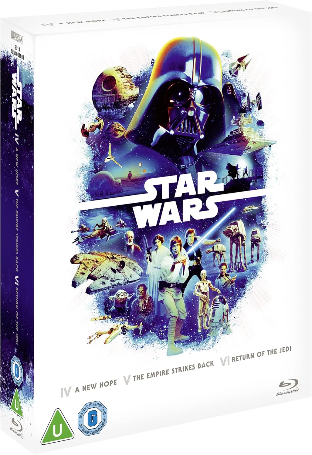 Blu-ray case for Star Wars Episodes IV-VI with Darth Vader and characters.
