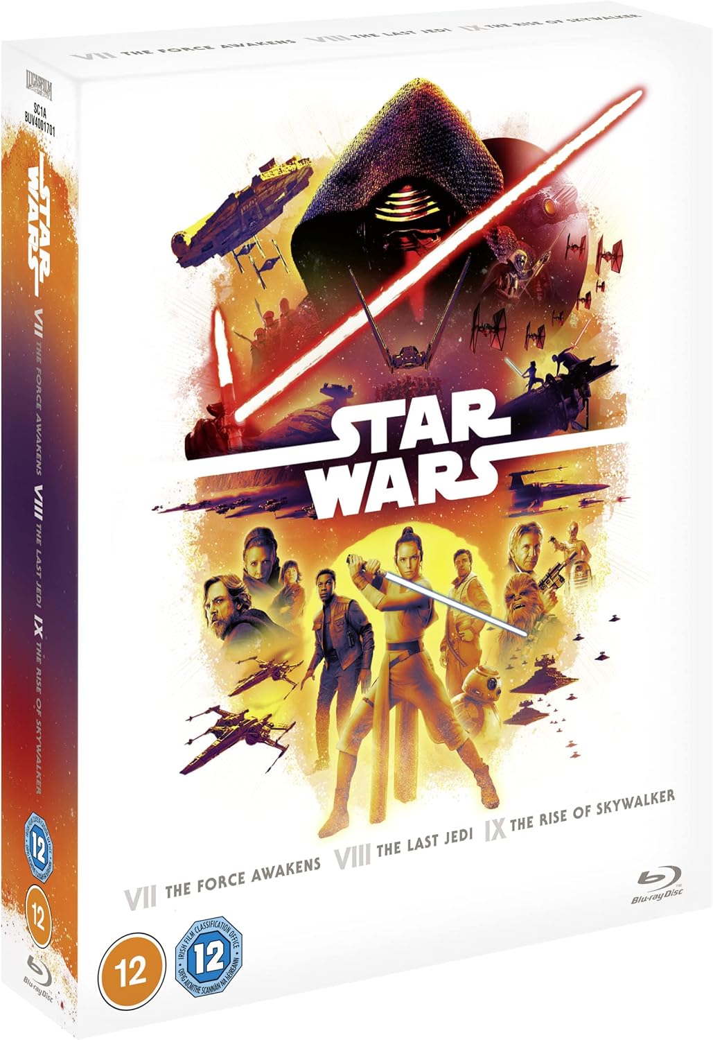 Blu-ray cover for Star Wars Episodes 7-9 featuring characters and spaceships.