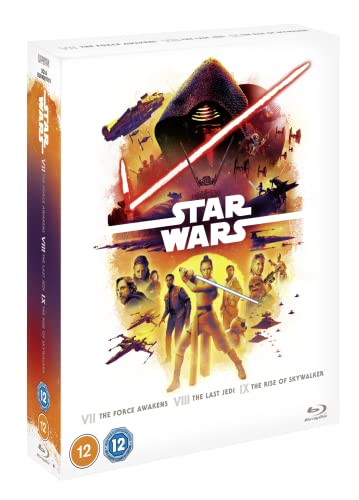 Star Wars trilogy Blu-ray box set featuring Kylo Ren and Rey.