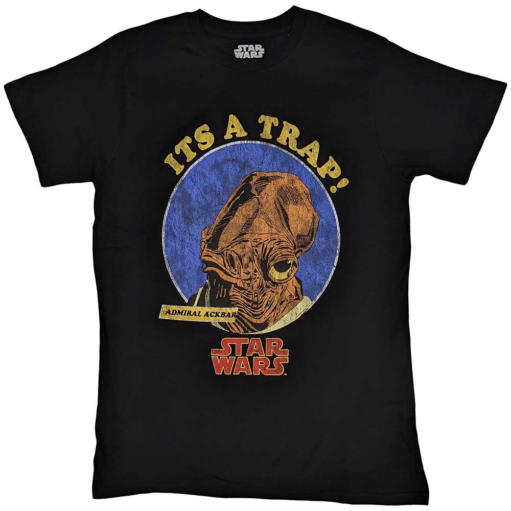 Navy blue t-shirt with a white image of Admiral Ackbar saying "It's a Trap!".