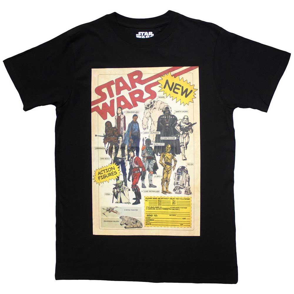 Black t-shirt with colorful Star Wars action figure graphics, size X-Large.
