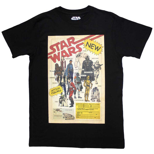 Black t-shirt with colorful Star Wars action figure graphics, size X-Large.