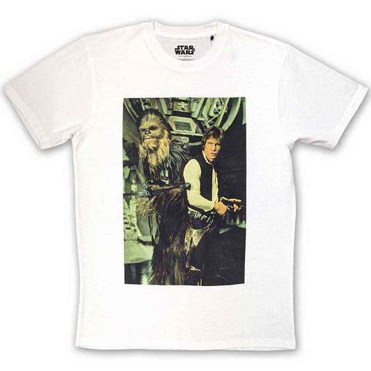 Medium t-shirt featuring Han Solo and Chewbacca in a focused stare.