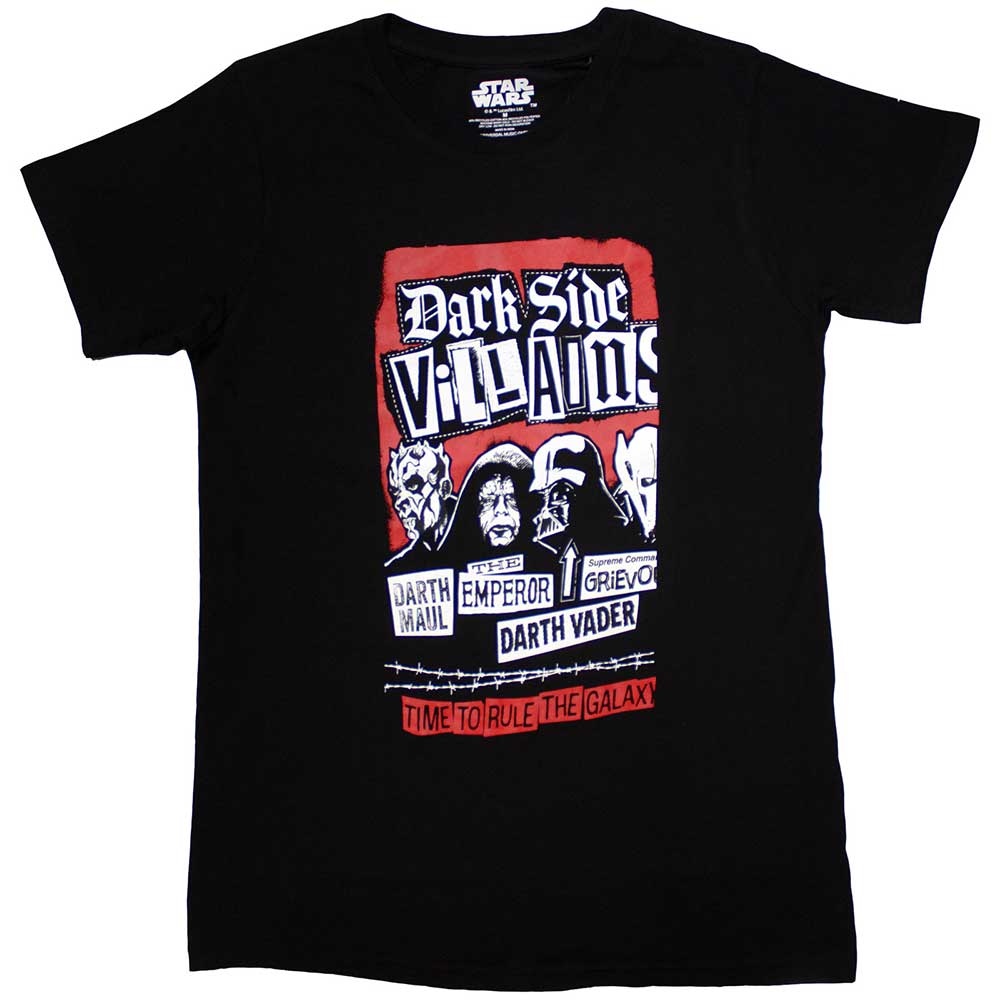 Black unisex t-shirt featuring a graphic print of Star Wars Dark Side villains.