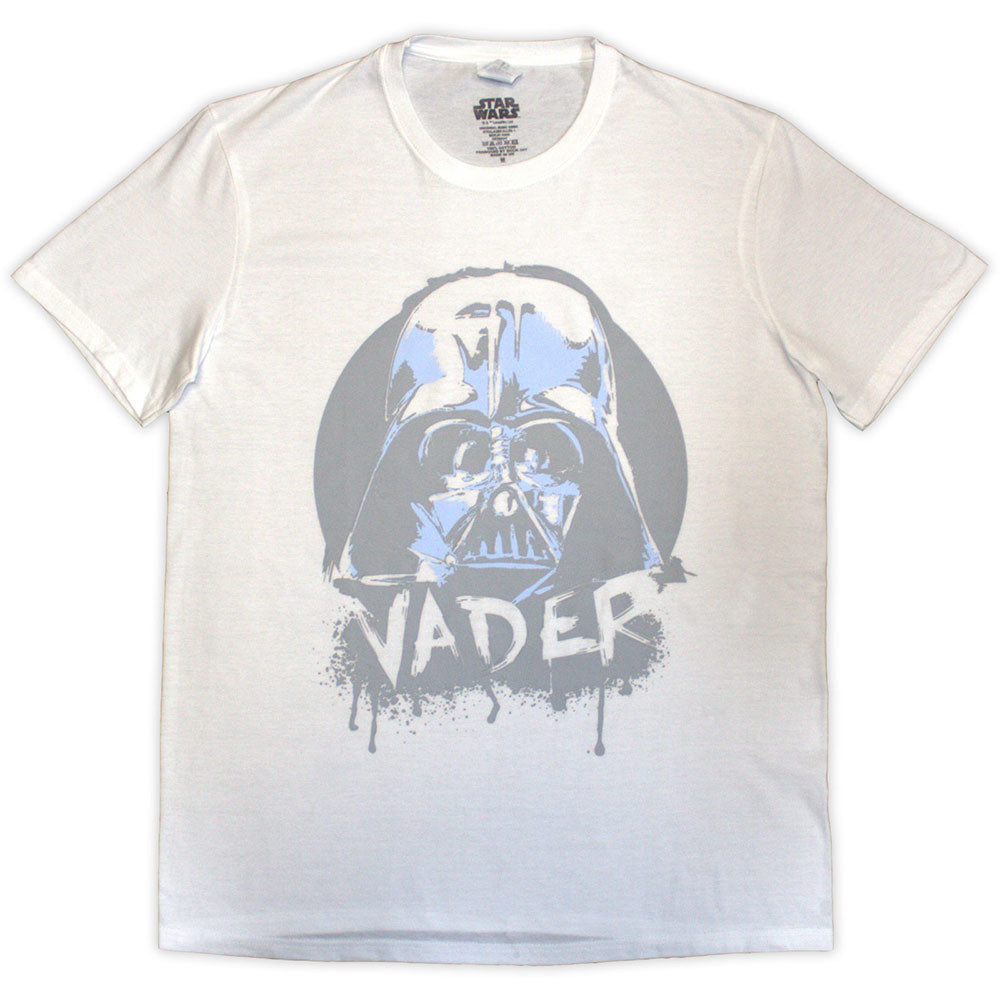 Black t-shirt with a spray-painted style image of Darth Vader’s helmet.