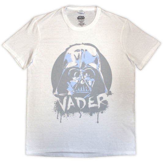 Black t-shirt with a spray-painted style image of Darth Vader’s helmet.