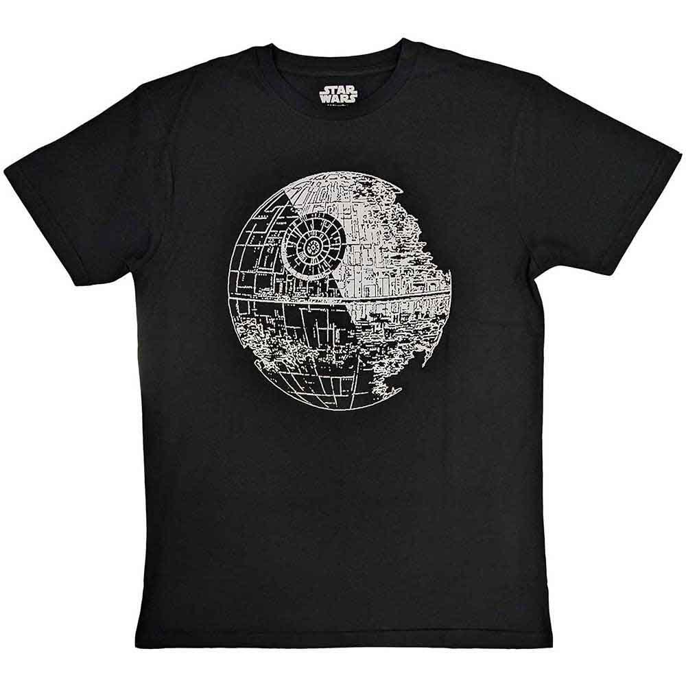 Black t-shirt displaying the spherical Death Star from Star Wars, size XX-Large.