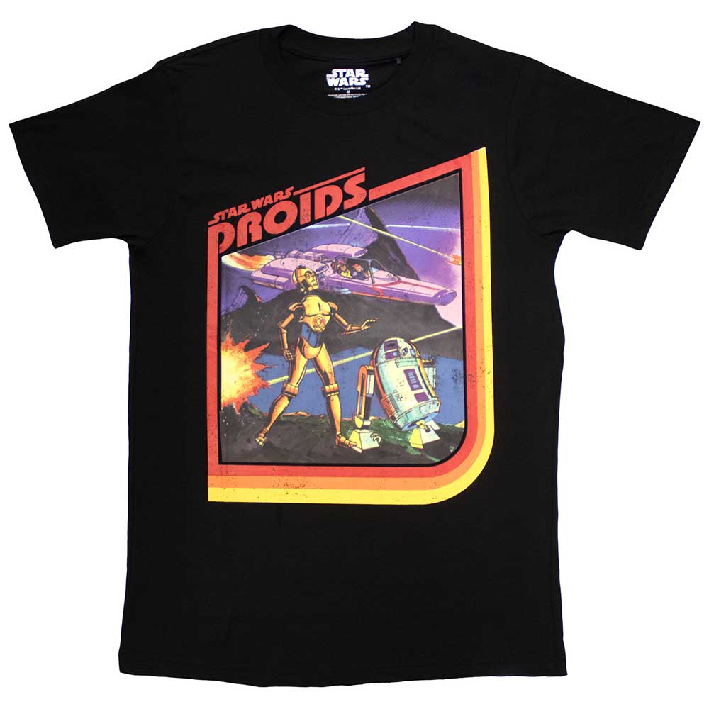 Small navy t-shirt featuring Star Wars droids illustration, barcode visible.