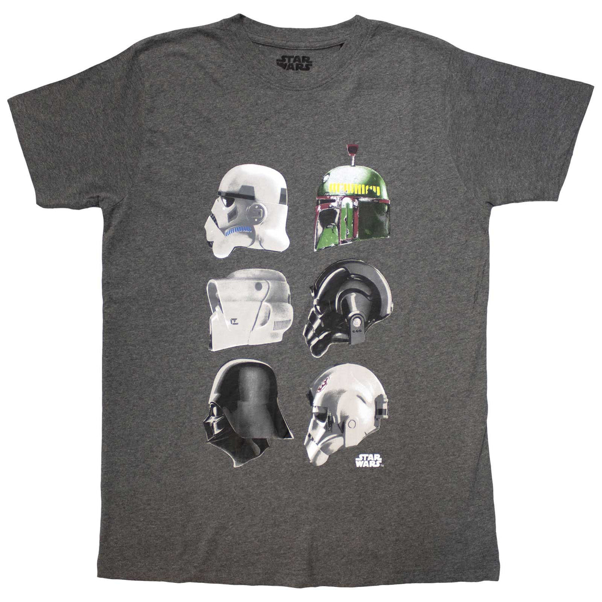 Black t-shirt displaying silhouette profiles of various Star Wars helmets.
