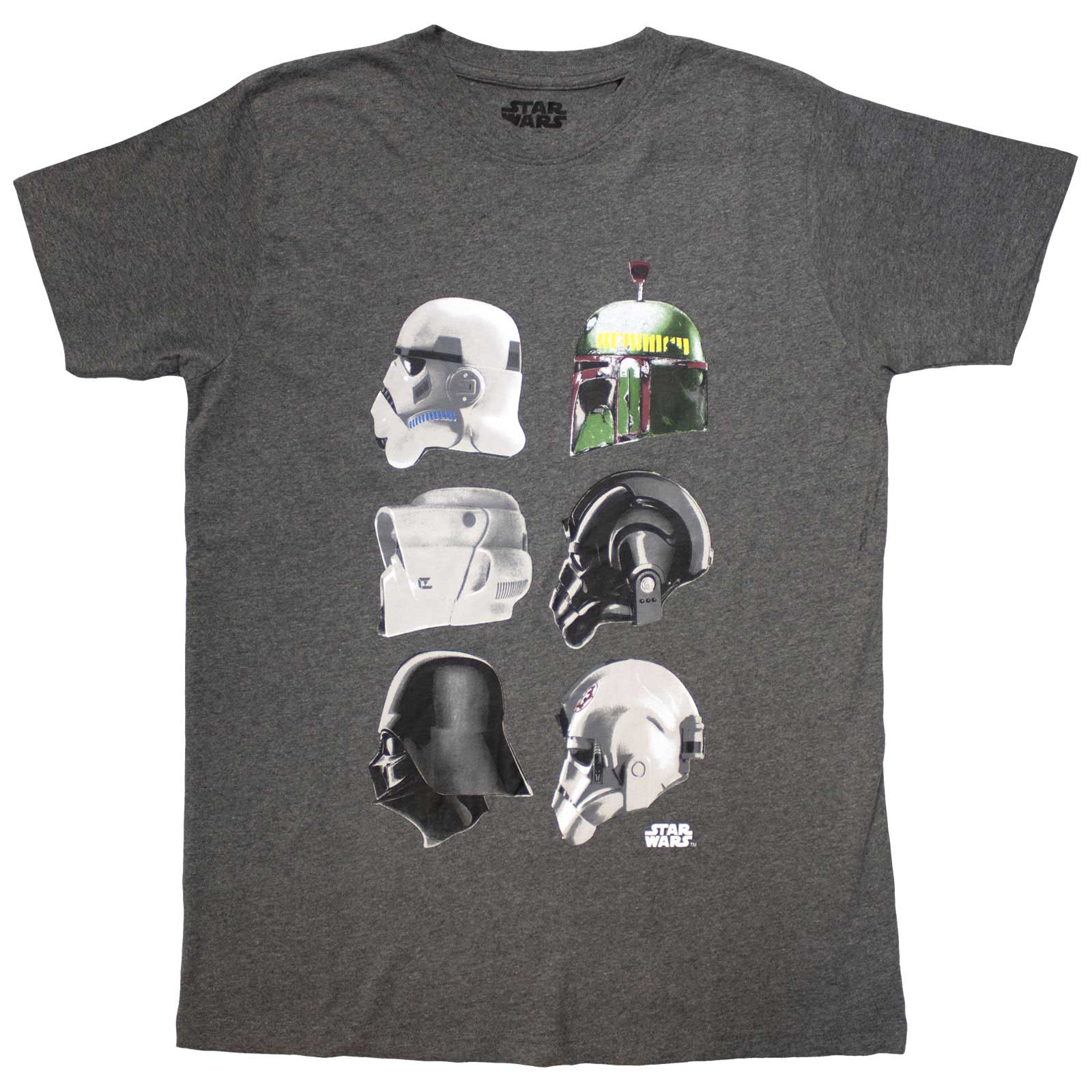 Black t-shirt displaying silhouette profiles of various Star Wars helmets.