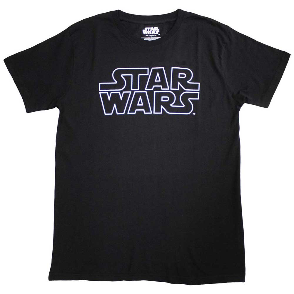 Black t-shirt with white "Star Wars" logo centered on the chest.