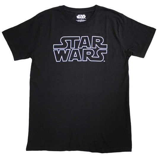 Black t-shirt with white "Star Wars" logo centered on the chest.