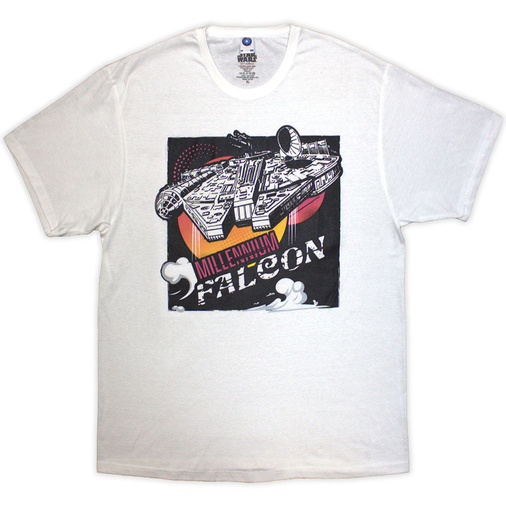 Small navy t-shirt with a graphic of the Millennium Falcon starship.