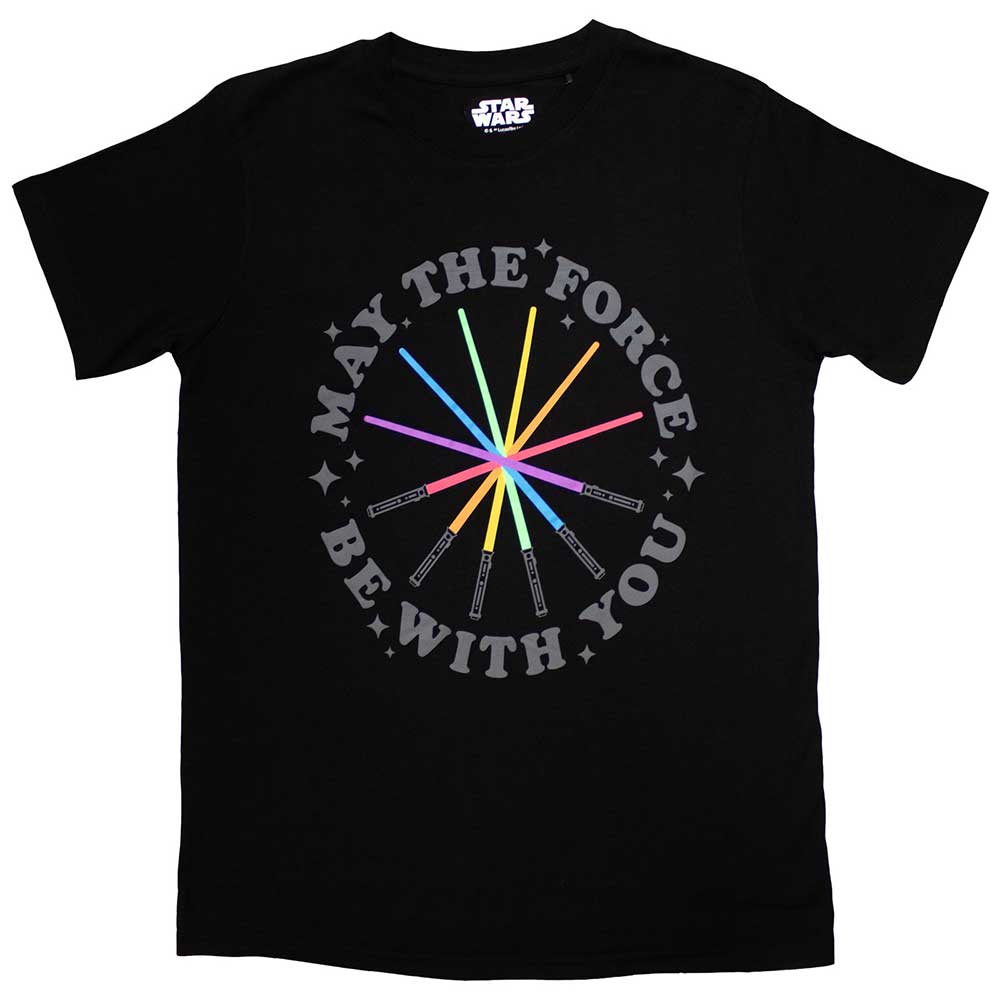 Star Wars t-shirt with colorful lightsaber designs, size medium.