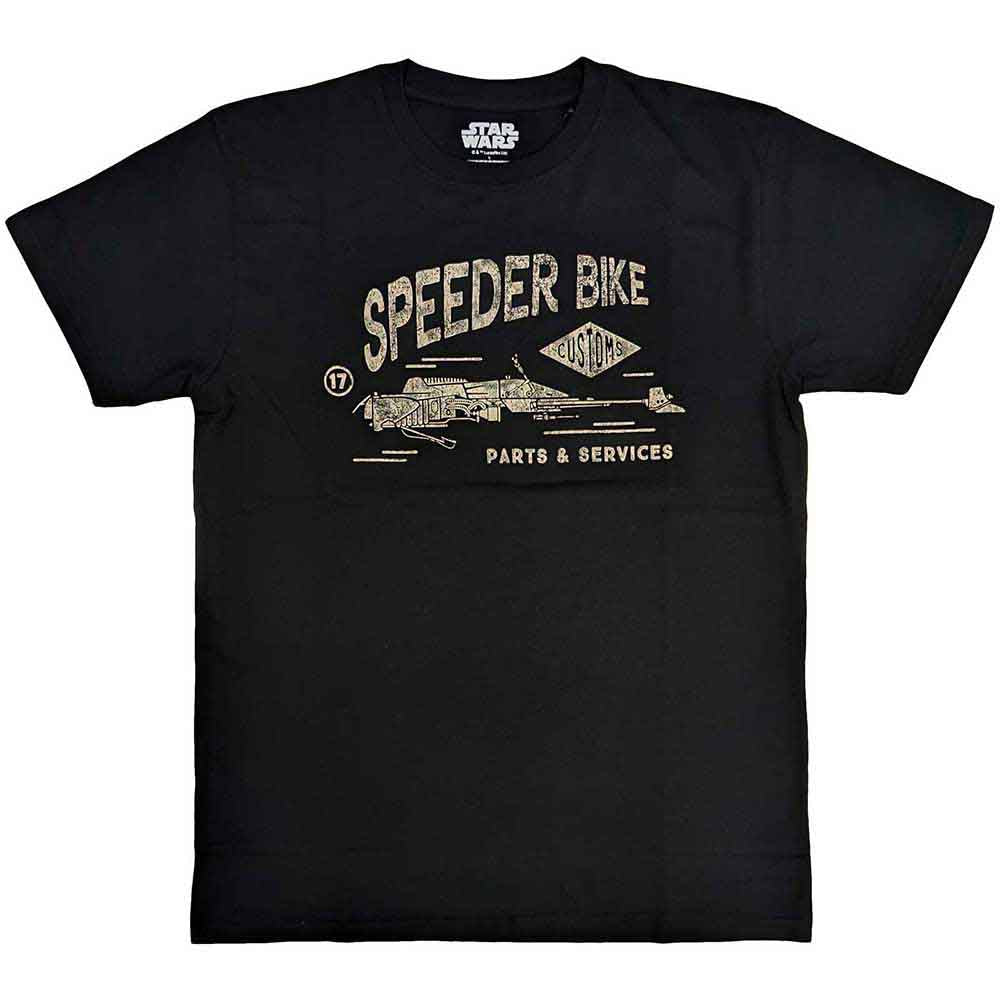Black t-shirt featuring a graphic of a Star Wars speeder bike.