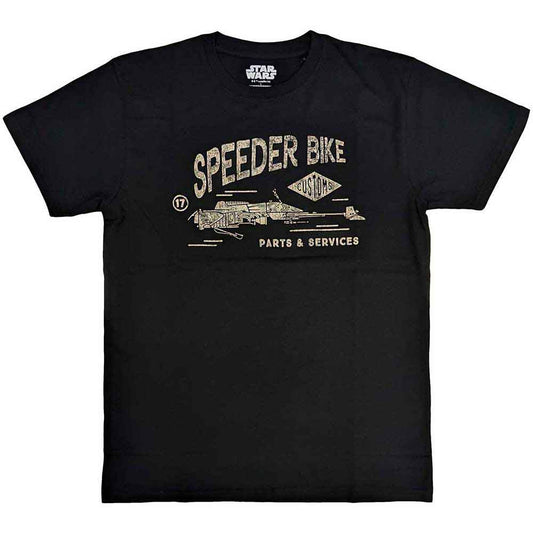 Black t-shirt featuring a graphic of a Star Wars speeder bike.