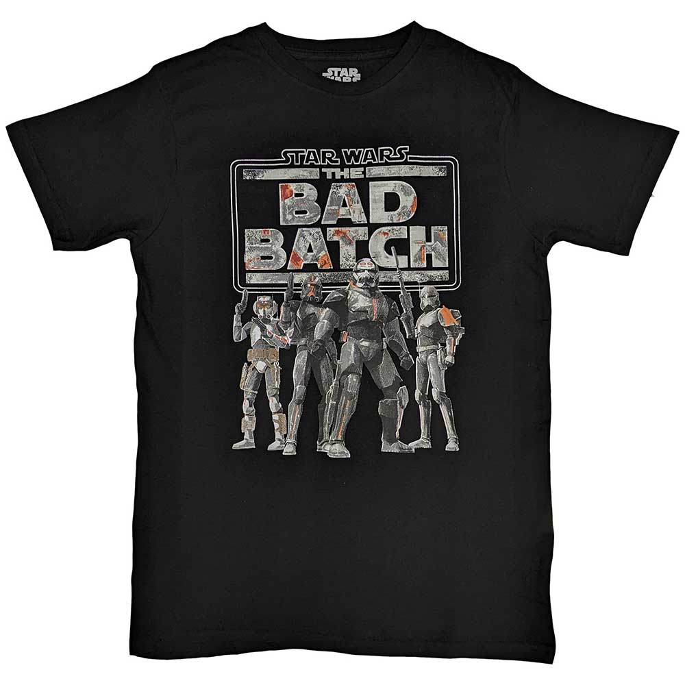 Dark t-shirt featuring characters from Star Wars: The Bad Batch series.