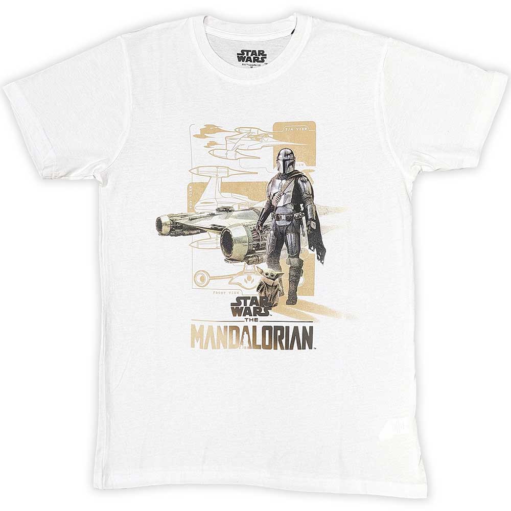 Large t-shirt featuring The Mandalorian and Grogu artwork, Star Wars themed.