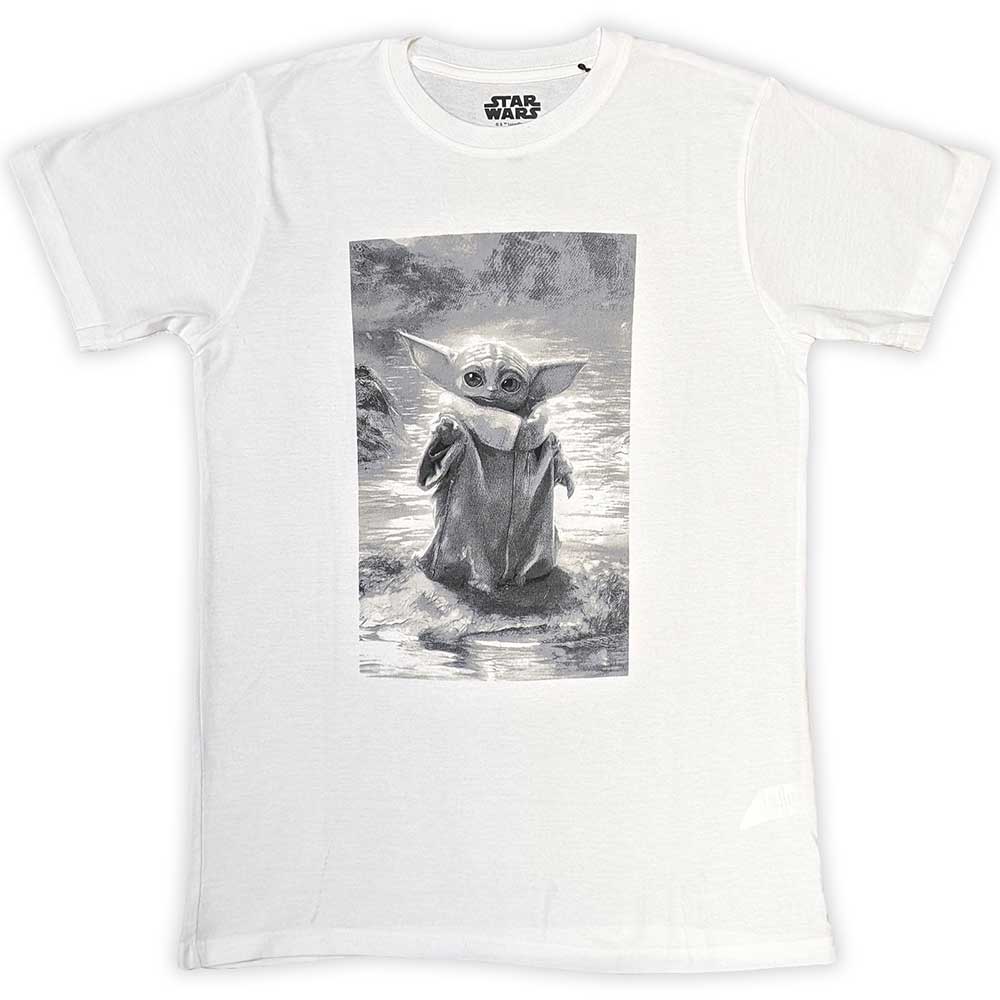 Black and white Star Wars t-shirt featuring Grogu, also known as Baby Yoda.