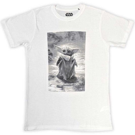 Black and white Star Wars t-shirt featuring Grogu, also known as Baby Yoda.