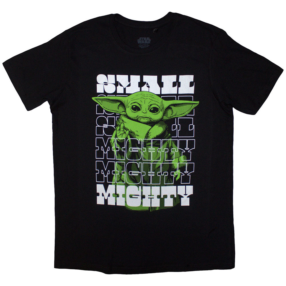 Star Wars t-shirt featuring Grogu ("Baby Yoda") with text "Small & Mighty".