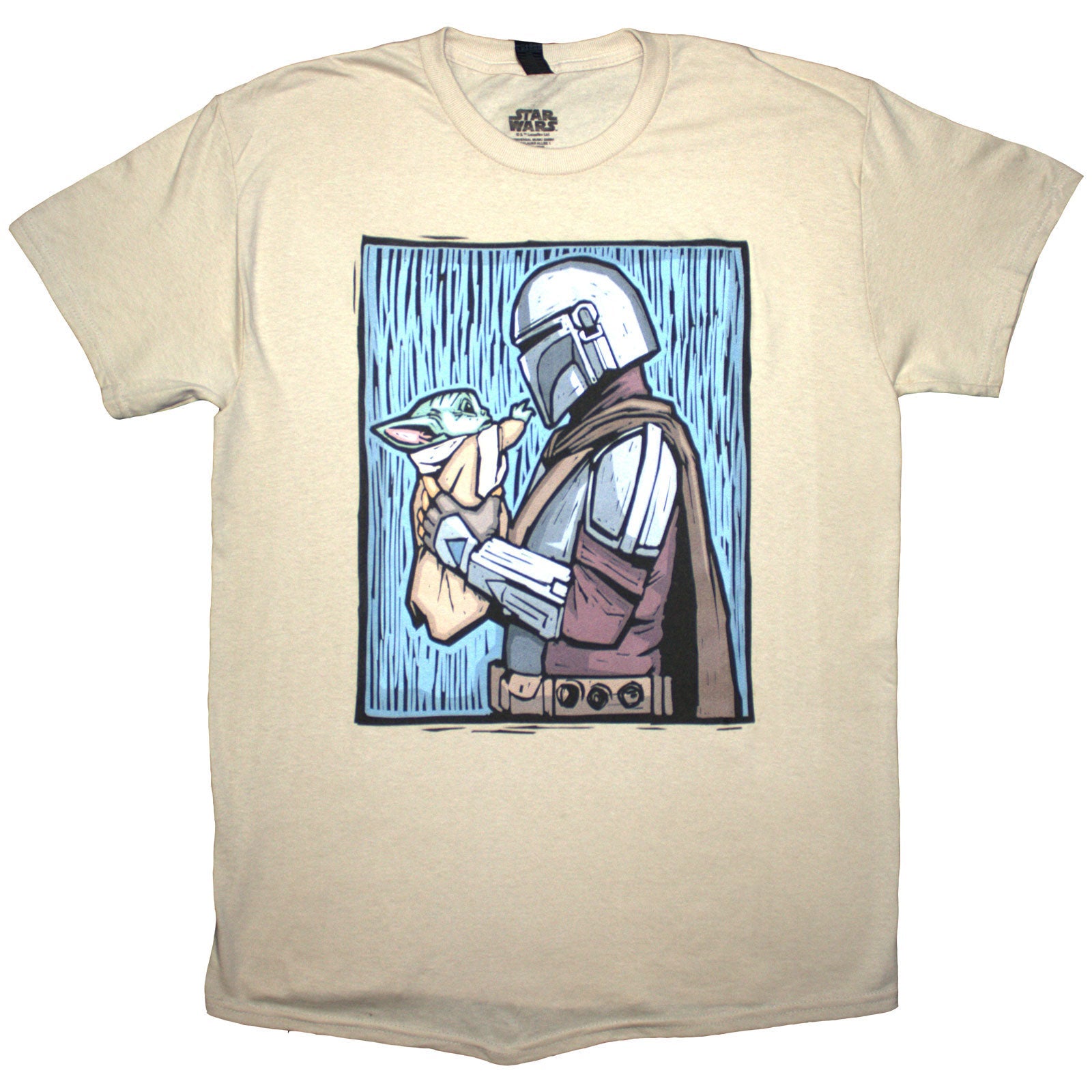 Medium unisex t-shirt featuring The Mandalorian holding Grogu, Star Wars.