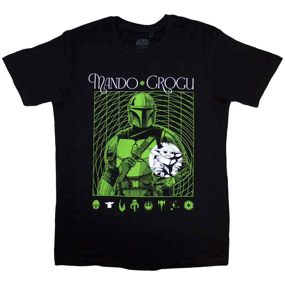 Neon graphic of The Mandalorian and Grogu on a small, unisex t-shirt.