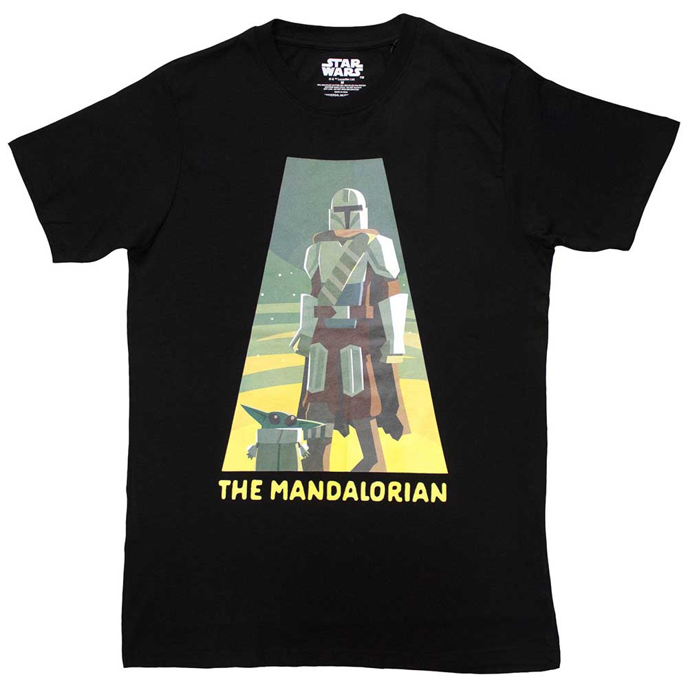 Black t-shirt featuring The Mandalorian and Grogu in a spotlight illustration.